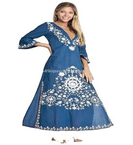 Vestido largo bohemio de estilo caftán para verano, manga larga bordada y mangas con volantes, vestido perfecto para la playa, 3/4 - Product Image 1