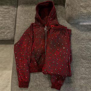 Custom Winter 100% Cotton Breathable Hoodie and Sweatpants Set Zip Sweatsuit Rhinestone Sportswear Activewear <b>Men</b> - Product Image 2