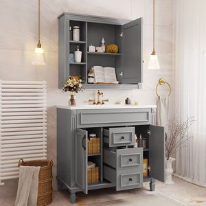 Mobile Bagno Moderno da 90 cm con Lavabo Integrato, Specchio, 2 Ante a Chiusura Ammortizzata e 2 Cassetti - Soluzione Salvaspazio per il Bagno - Product Image 4