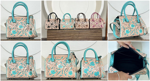 Bolsa de Viaje de Cuero Floral Hecha a Mano, de Gran Capacidad, Precio al por Mayor, Cuero Genuino de Vaca, Bolsa de Viaje Tipo Duffel para Mujer - Product Image 3