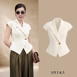 Chaleco de Mujer Color Crema con Solapa con Muescas, Manga Casquillo, Botón Único, Corte Entallado, Color Sólido, Elegante para Oficina NERINA - Product Image 1