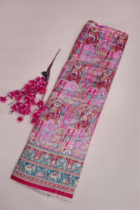 Tissu jacquard en viscose pure rose vif à imprimé ethnique et paysager avec bordure éléphant pour la confection de robes Kurti de créateur - Product Image 5