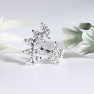 White Gold Lab Grown Radiant Diamond <b>Ring</b> <b>Open</b> Wing Cluster Five Brilliant Cuff Bypass Marquise Crown Wedding Anniversary <b>Ring</b> - Product Image 1