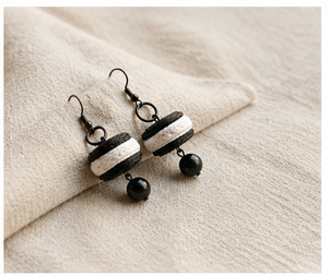 Modern Eco-friendly KOTTRAVAI Carved Leather Earrings <b>Black</b> <b>White</b> <b>Striped</b> Beaded Dangle Hook Style Gift Craft Jewelry - Product Image 1