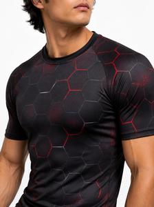 T-shirt de sport respirant à manches courtes pour homme, imprimé hexagone noir et rouge, séchage rapide, en polyester, pour fitness adulte - Product Image 3