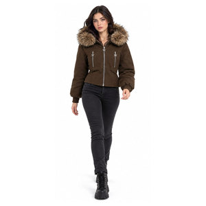 <b>Women's</b> Brown Hooded <b>Zip</b>-<b>Up</b> <b>Jacket</b> With Faux Fur Trim Winter Short Sleeve Lined Windproof Regular Fit Full Sleeve Hoodies - Product Image 4