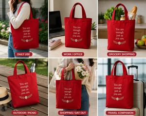 Sac fourre-tout en toile rouge avec citation brodée « Tu es suffisante, tel que tu es » et motif floral - Product Image 3