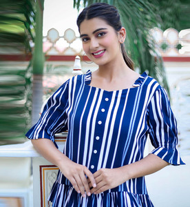 Blusa Formal para Mujer con Estampado de Rayas y Volantes, Color Azul, Elegante, Ligera, Cómoda, a la Moda, Femenina, Conjunto de Una Pieza - Product Image 5