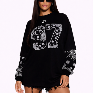 เสื้อยืดแขนยาวสีดำสำหรับผู้หญิง พิมพ์ลายเพสลีย์ สตรีทแวร์ ผ้าคอตตอนผสม สวมใส่สบายทรงหลวม เสื้อเจอร์ซีย์อเมริกันฟุตบอล - Product Image 6