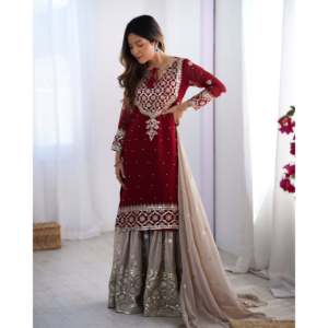 Ensemble haut-pantalon palazzo et dupatta en mousseline de soie pour soirée, avec broderies, élégant et stylé - Product Image 2