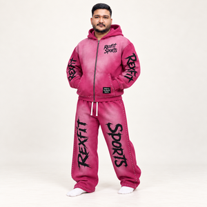 Ensemble de survêtement unisexe rose délavé avec veste zippée imprimée et pantalon large, streetwear personnalisé pour homme, collection automne - Product Image 2