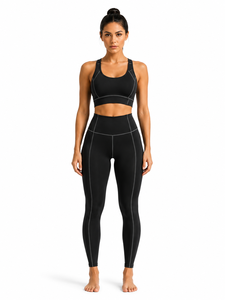 Ensemble de yoga noir 2 pièces : Crop top dos nageur et Legging taille haute longueur intégrale, avec surpiqûres contrastées, sans couture, écologique et respirant - Product Image 1
