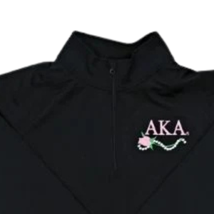 Black <b>Quarter</b> <b>Zip</b> Pullover Lightweight Performance Long Sleeve Mock Neck Jacket with Pink & Green Embroidery - Product Image 3