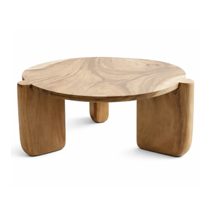 Contemporary Solid Suar <b>Wood</b> <b>Round</b> <b>Coffee</b> <b>Table</b> Natural Grain Japandi Style Smooth Rounded Design Chunky Thick Legs - Product Image 2