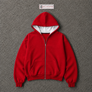 เสื้อฮู้ดซิปสีแดงสำหรับผู้ชาย ผ้าฟลีซลำลอง ทรงปกติ สีพื้น ใส่ได้ในฤดูใบไม้ร่วง ผ้าฝ้ายฟลีซเนื้อหนาคุณภาพพรีเมียม - Product Image 5