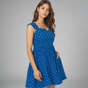 Robe Courte en Coton à Motifs Floraux, Col Cœur, Bleue, pour Femmes, Tendance, Légère, Robe d'Été, Disponible au Meilleur Prix, Exportateur Indien - Product Image 1