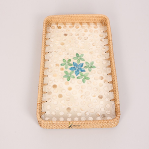 Bandeja rectangular de ratán y madera hecha a mano con incrustaciones florales de nácar, bandeja decorativa para servir comida para el hogar y regalos. - Product Image 2