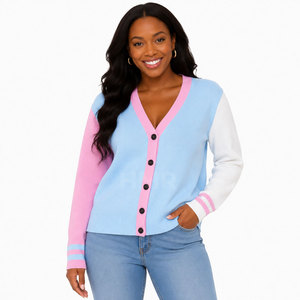 HMR Sisterhood Sorority Cardigan en acrylique rose et bleu ciel tricoté à col en V, manches longues, haut décontracté avec fermeture boutonnée - Product Image 1