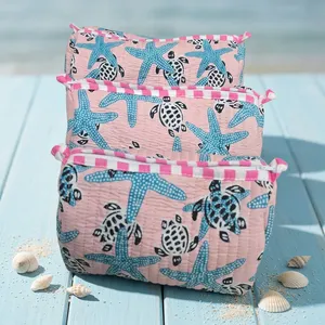 Pink Sea Turtle Starfish Print Cosmetic Bag With Zipper Portable <b>Makeup</b> <b>Case</b> Cotton Fabric Small Size Lovely Style - Product Image 1