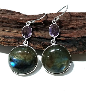 Labradorite Amethyst Drop <b>Earrings</b> Natural Gemstone Solid 925 Sterling <b>Silver</b> Handmade Dangle Bohemian Style Certified Wholesale - Product Image 4