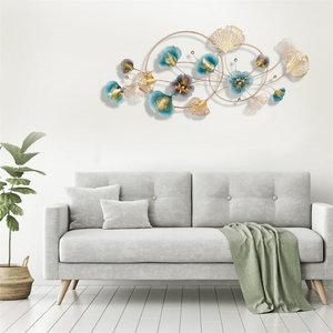 Sculpture murale élégante en métal floral, bleu et or, motif de branche botanique, pour salon, chambre à coucher, décoration moderne de la maison - Product Image 4