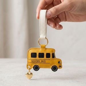 <b>Personalized</b> School Bus Bag Charm Pendant with Gold Heart Metal Accessory for Gift Promotion PU Leather <b>Keychain</b> - Product Image 5