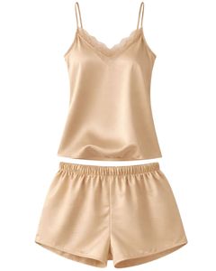 Champagne Satin Camisole Shorts Set Women Sleepwear <b>Lace</b> Trim Spaghetti Strap Soft Breathable Summer Nightwear Lounge Pajama Set - Product Image 1