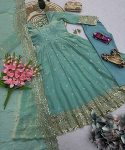 Salwar Kameez Dupatta Sky Silk pour femmes, tenue traditionnelle pour mariage et fête, vêtements indiens et pakistanais longs jusqu'au sol, 85156 SAI- SSC 718 - Product Image 3