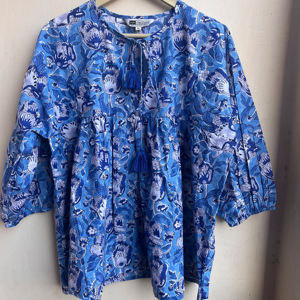 Maxi vestido informal de algodón con estampado de bloques florales, TOP tipo túnica de verano con cuello profundo, mangas sin mangas, logotipo bordado a mano - Product Image 1