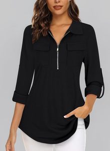 Womens Lightweight Slimming Tshirt New Design Zipper Elegant <b>Tunic</b> Blouse Plain Three Quarter <b>Sleeve</b> - Product Image 3
