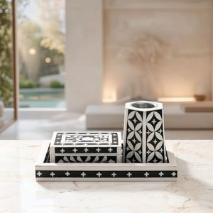 Grey Bone Inlay Bathroom <b>Set</b> on Steel and Wood Moroccan Style Vanity <b>Set</b> Tissue Box Holder <b>Soap</b> Dispenser - Product Image 2