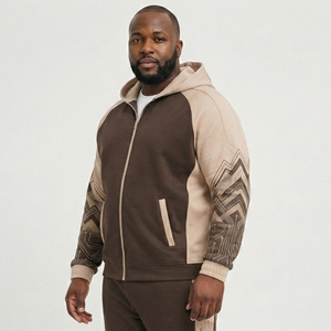 Men Plus Size Color Blocked Zip Hoodie Geometric Print Casual Racer <b>Jacket</b> Autumn Wear Detachable Hood Polyester Cotton Zipper - Product Image 3