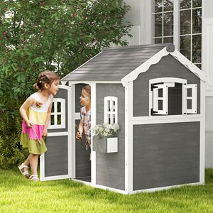 Casetta esterna in legno con pavimenti porte finestre per bambini di età compresa tra 3 e 8 anni per il cortile o il giardino include la scatola fioriera - Product Image 2