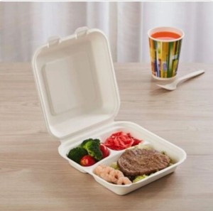 Boîte à clapet 8x8 3 compartiments biodégradable en bagasse de canne à sucre, non toxique, certifiée ISO, compostable, sans BPA, sans PFAS, pour HoReCa - Product Image 1