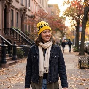 Yellow Black Knit Beanie Hat Ribbed Cuff <b>Winter</b> <b>Cap</b> Unisex Streetwear Fashion Headwear Custom Wholesale OEM - Product Image 3