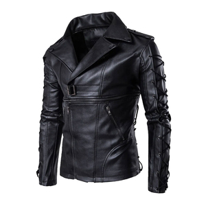Blouson Moto Décontracté Homme en Cuir PU Noir avec Manches à Lacets, Fermeture Éclair, Col Rabattu, Coupe Slim, Respirant, Idéal pour l'Automne - Product Image 1