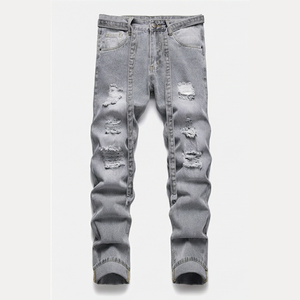 Jean en denim déchiré coupe slim pour homme, taille mi-haute, en coton, style décontracté automne - Product Image 1