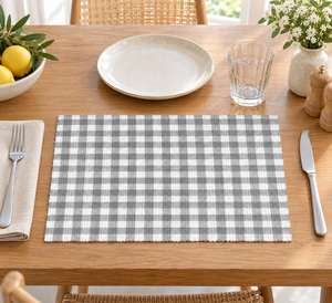 Mantel individual moderno gris y blanco a cuadros, rectangular, acanalado, 100% algodón, lavable, para mesa de comedor, uso doméstico y comercial - Product Image 1