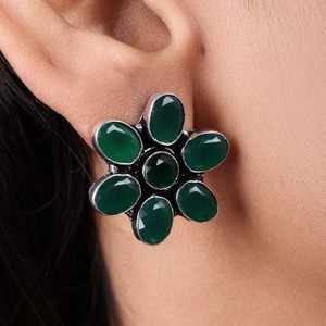 MOQ Available Green Onyx Oxidized <b>Silver</b> Vintage Floral <b>Stud</b> Earrings | Brass Ethnic Women's Fashion Jewelry Wholesale India - Product Image 4
