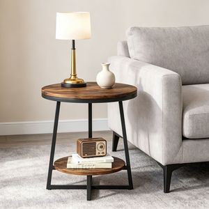 2-Tier Rustic Industrial Round <b>End</b> <b>Table</b> with <b>Storage</b> Shelf Accent Nightstand for Living Room Bedroom - Product Image 6