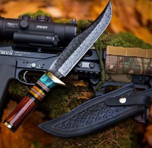 Cuchillo de Caza Profesional de Acero de Damasco y Acero al Carbono, Punta Caída, Mango de Cuero, Supervivencia al Aire Libre, Multifunción, Bricolaje - Product Image 1