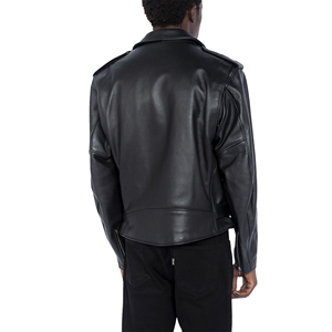 <b>Men's</b> Genuine <b>Leather</b> Moto <b>Jacket</b> With Zipper Closure And Belted Waist Slim Fit Black Turn-down Collar Regular Sleeve - Product Image 5