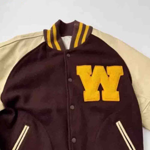 Men's Maroon And Cream Varsity <b>Jacket</b> With Yellow W Embroidery Preppy Style Turn-down <b>Collar</b> Regular Fit Autumn Wear - Product Image 3