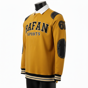 Maillot de rugby pour homme en coton lourd GSM avec empiècements noir moutarde et broderie chenille, logo personnalisé, pour polos de rugby - Product Image 4