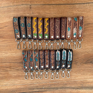 New High Quality Hand <b>Tooled</b> Genuine Leather Mini Key <b>Clip</b> Western Cowhide Multifunctional Wristlet Keychain Women's Accessories - Product Image 6