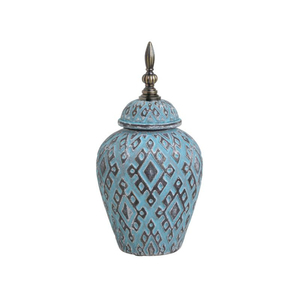 Jarrón Decorativo de Metal con Patrón Geométrico Azul, Tapa con Relieve, Acabado Antiguo, Decoración para el Hogar, Jarrón de Almacenamiento, Urna para Regalo - Product Image 1