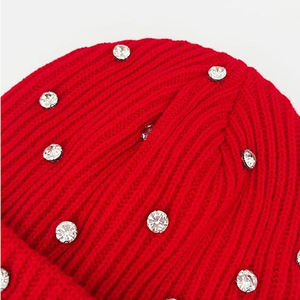 Gorro de punto con pedrería para mujer, gorro de invierno con puño, color beige, tejido a máquina, bonito - Product Image 5