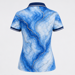เสื้อโปโลผู้หญิงสีฟ้าลายหินอ่อนเส้นทอง แห้งเร็ว ระบายอากาศดี แขนสั้น สำหรับกอล์ฟ เทนนิส รุ่น WPS-0757 - Product Image 3