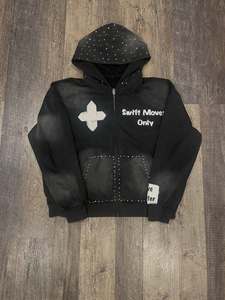 Sweat à capuche unisexe zippé avec motifs graphiques, détails en strass, imprimé vieilli, poignets côtelés, poche, étiquette personnalisée, streetwear, vente en gros - Product Image 4