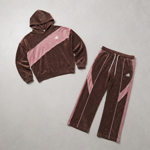 Custom Brown Velour Contrast Panel <b>Hoodies</b> Wide Leg Sweatpants Y2K <b>Oversize</b> Unisex Sweatshirt <b>Lounge</b> Velvet OEM Embroidered Logo - Product Image 4